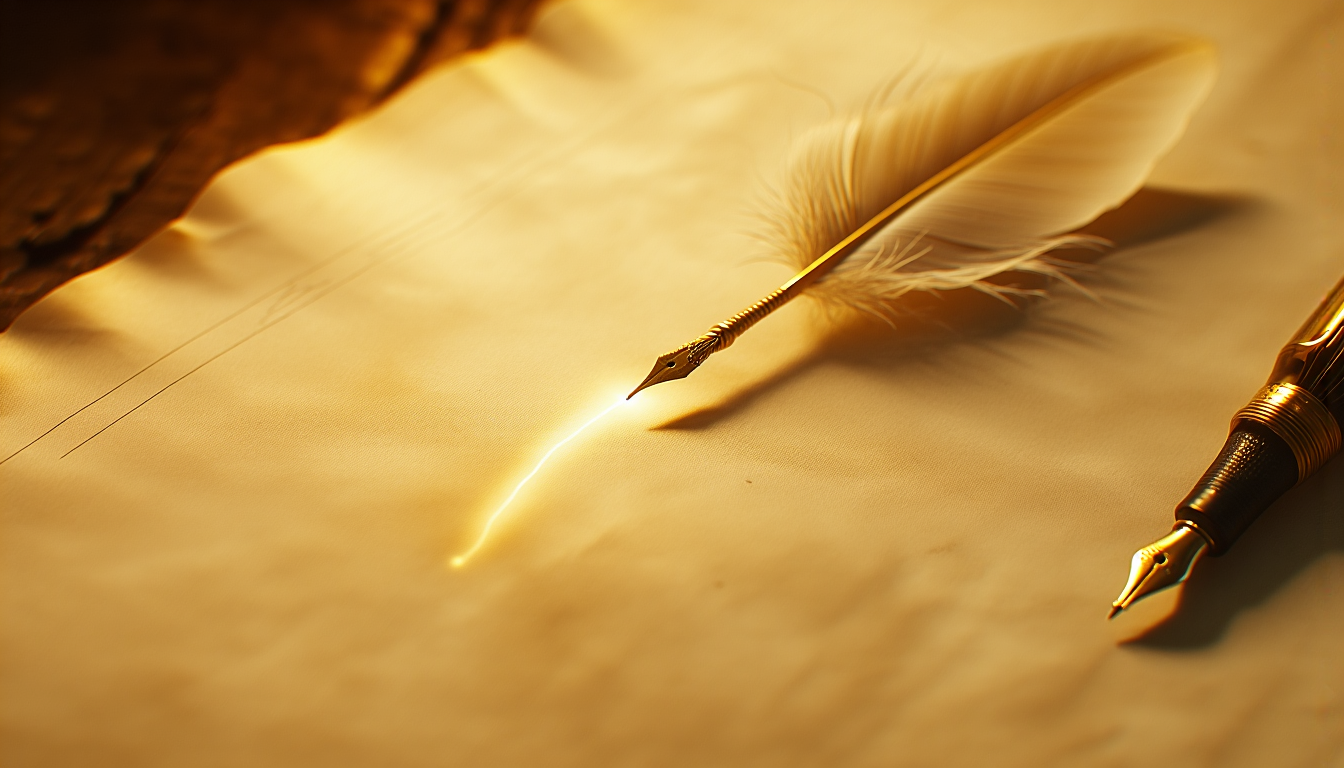 A quill drawing a single glowing line on parchment