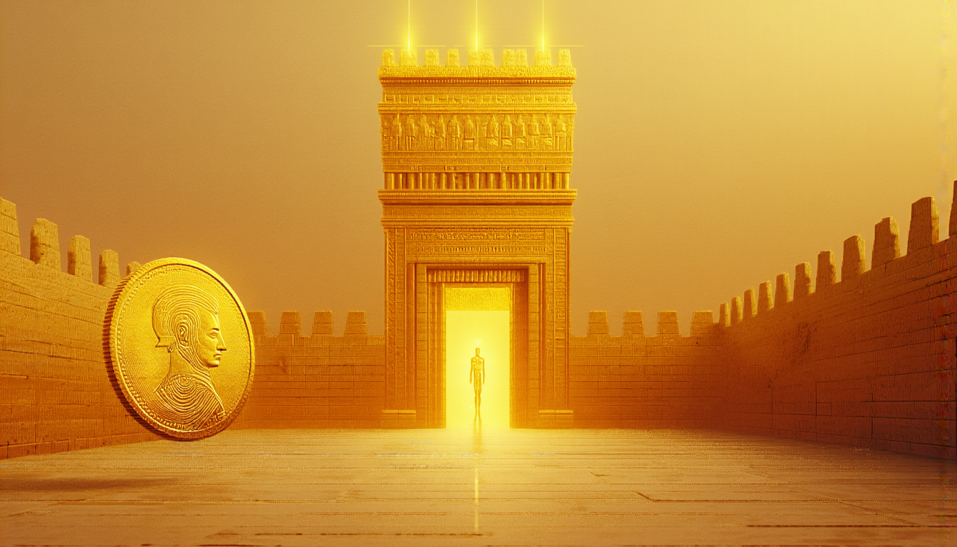 A walled city with a great gate and a coin