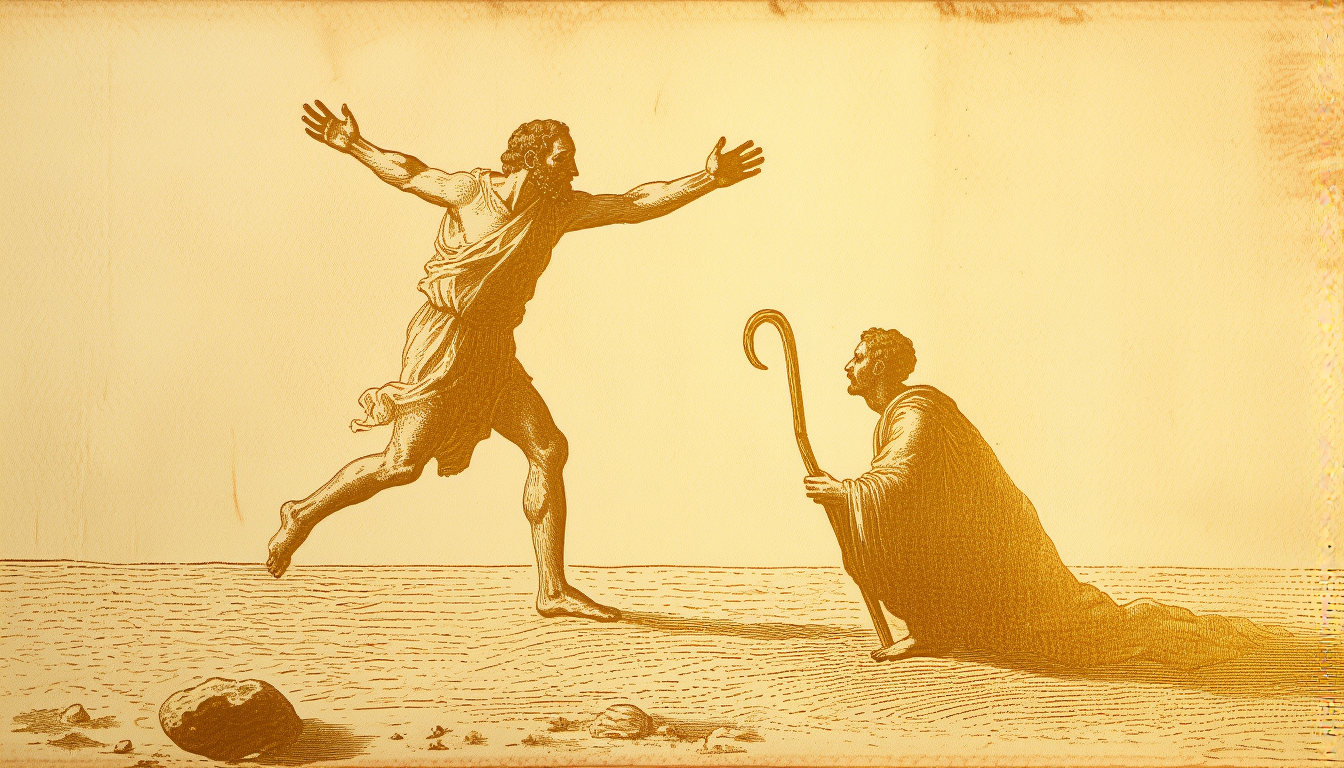 A father running toward a son kneeling in the dust