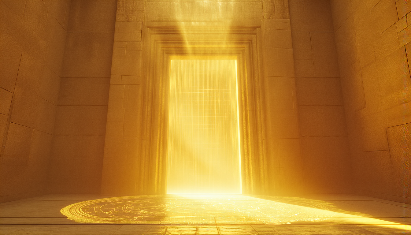 A door opening in a stone wall with light and a map